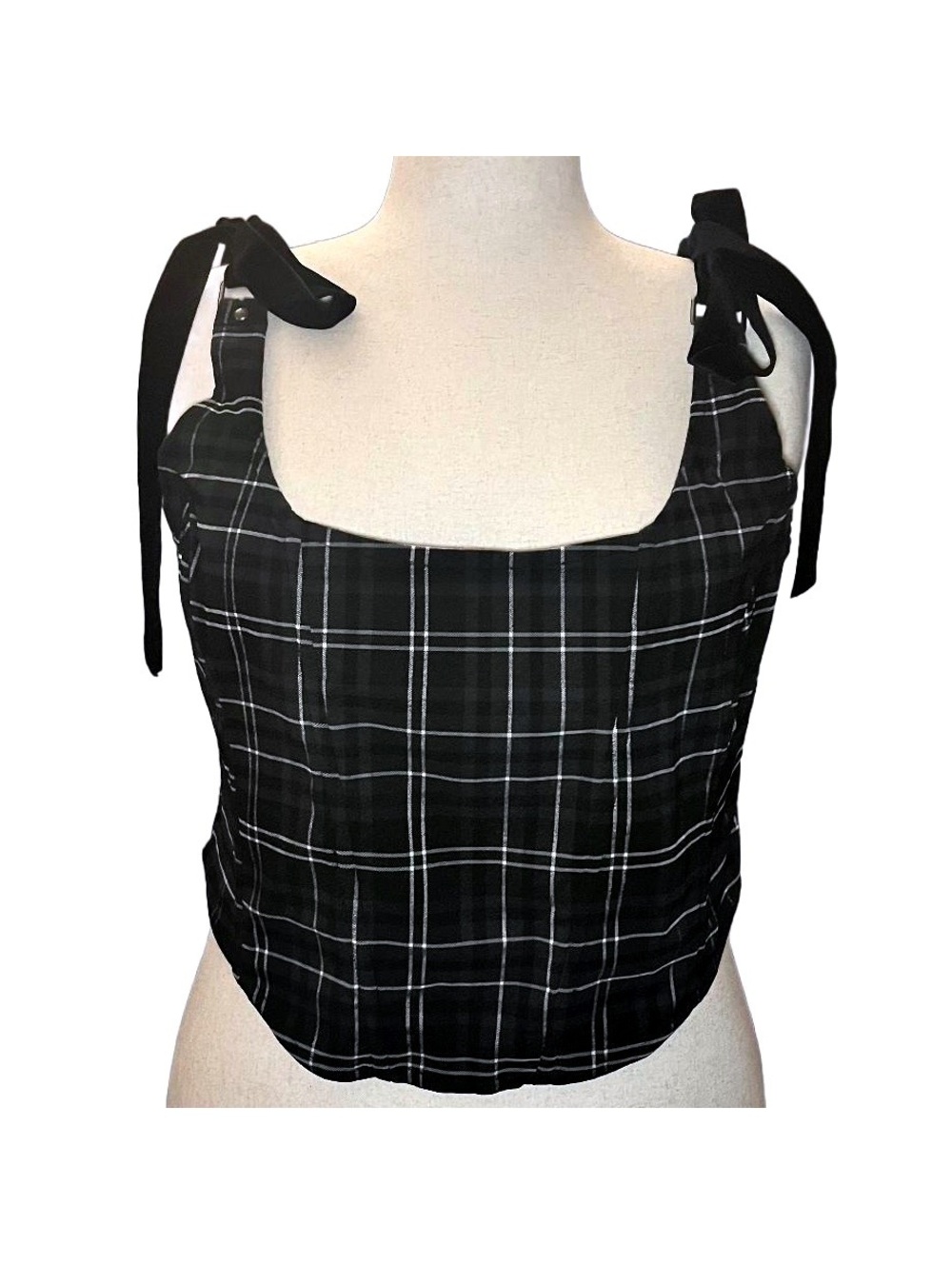 KILLSTAR Black Plaid Corset Crop Top with Adjustable Tie Shoulder Straps 3X